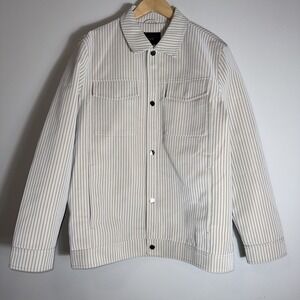 Marc Asher Mens Cream Striped Faux Leather Jacket Fur Lining Medium Snap Buttons